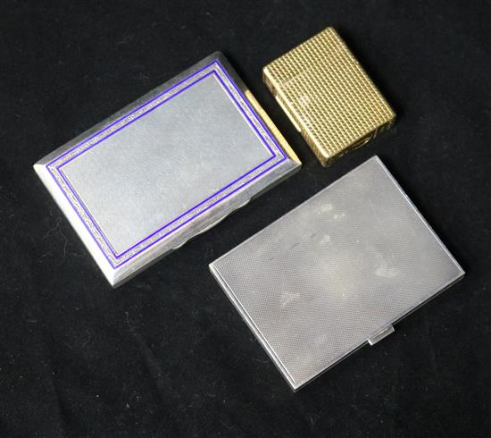 A silver enamel cigarette case, another cigarette case and a Dupont lighter